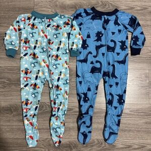 Mon Petit Baby Boys 12M Fleece Footed Pajamas 2 Pack Dinosaur Airplane Blue